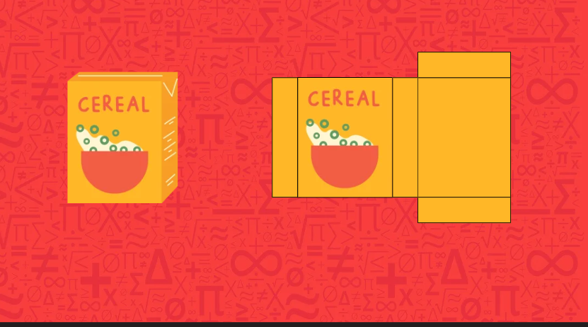 A cereal box displayed prominently against a vibrant red background.
