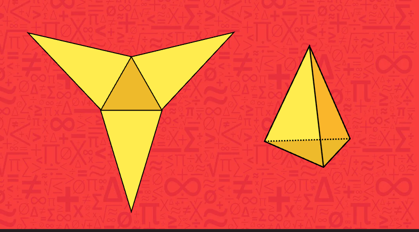 A yellow paper airplane featuring a triangular design on its surface, resembling a triangular pyramid.