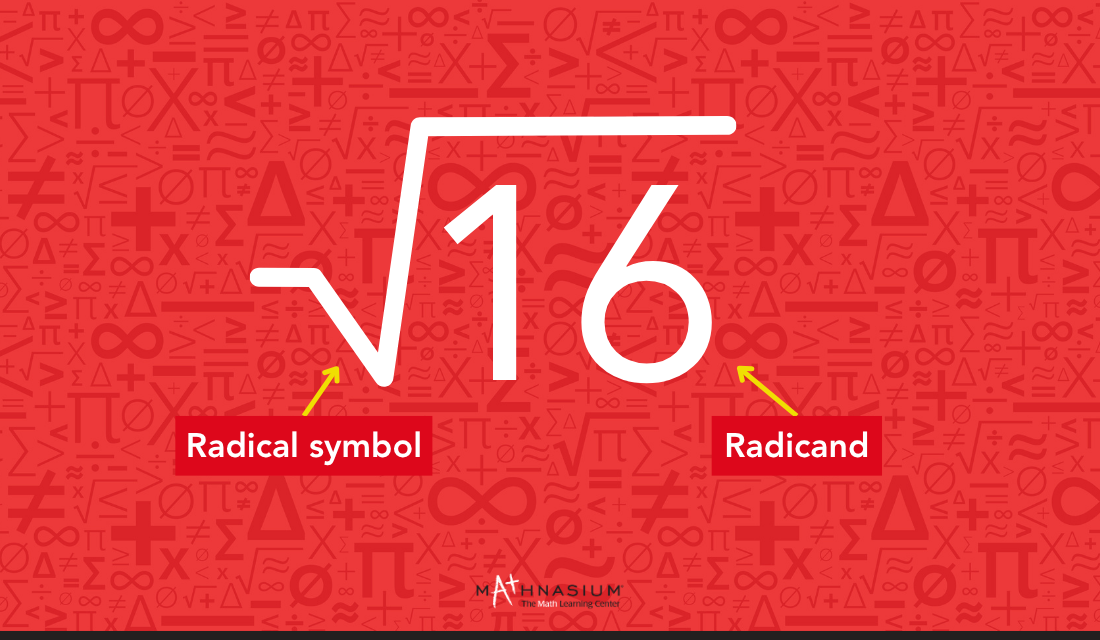 The number 16 displayed prominently on a red background, representing its square root components.