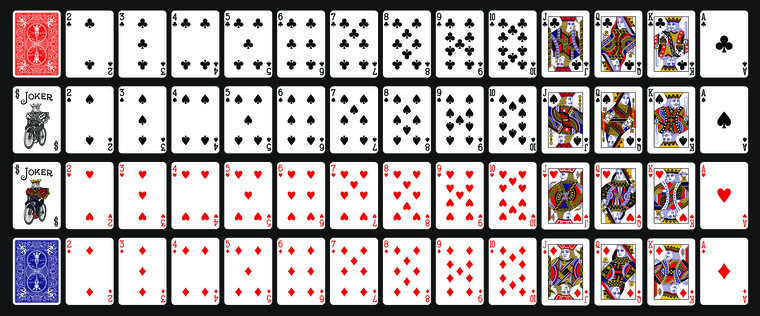 Full deck of playing cards laid out by suit, useful for a variety of educational math games