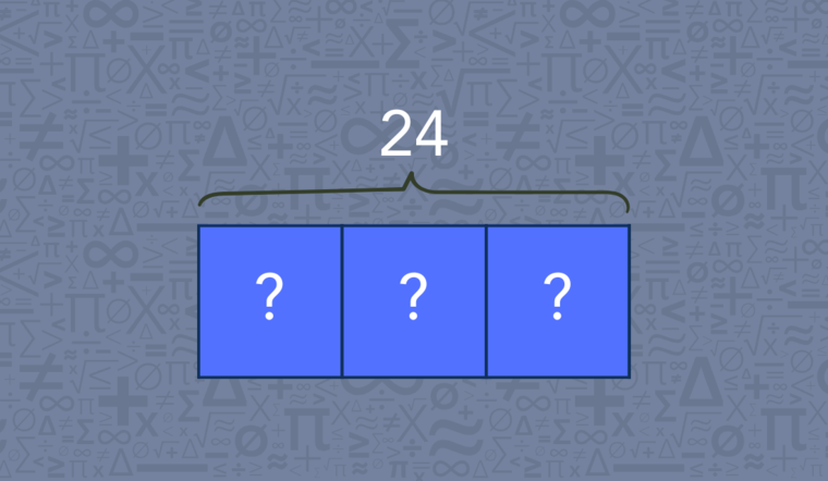 Bar model showing 24 split into 3 equal unknown parts, representing the division equation 24 ÷ 3