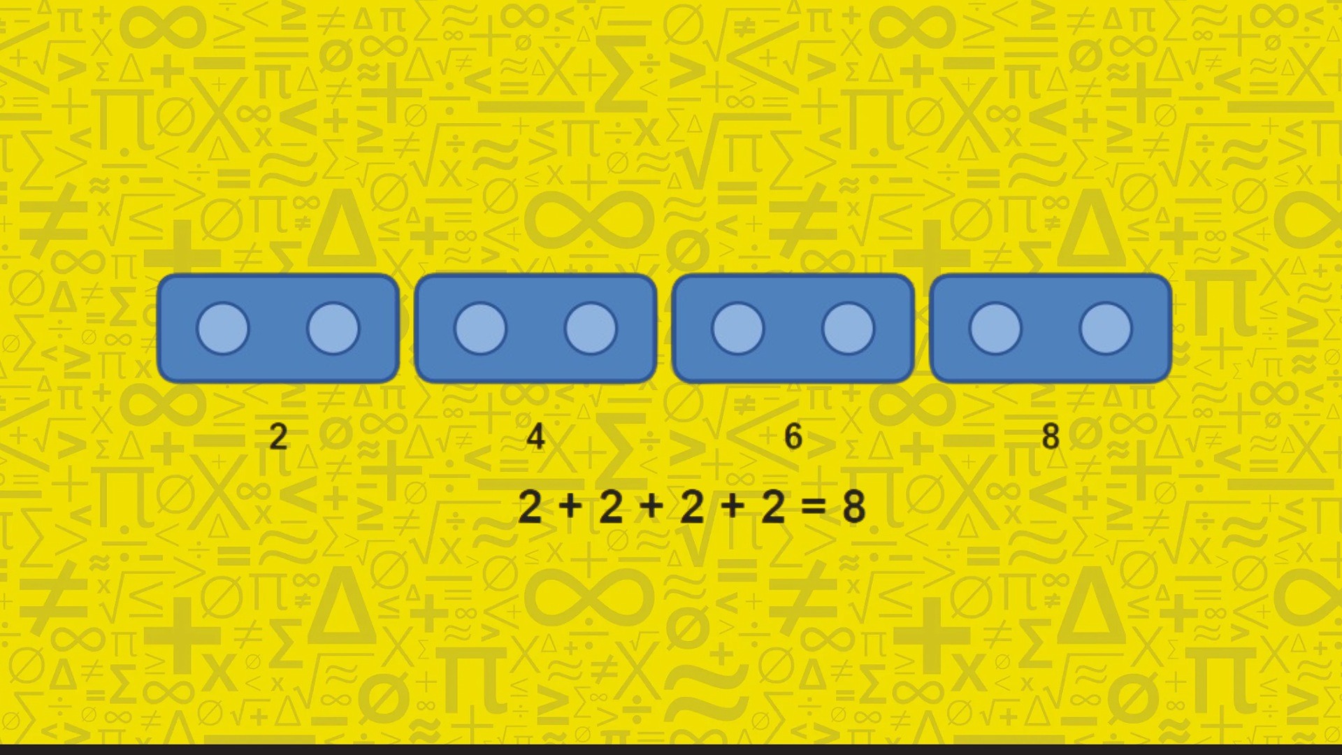 Educational math game on a yellow background, showing the calculation of 4 bricks needed for an 8-stud row.