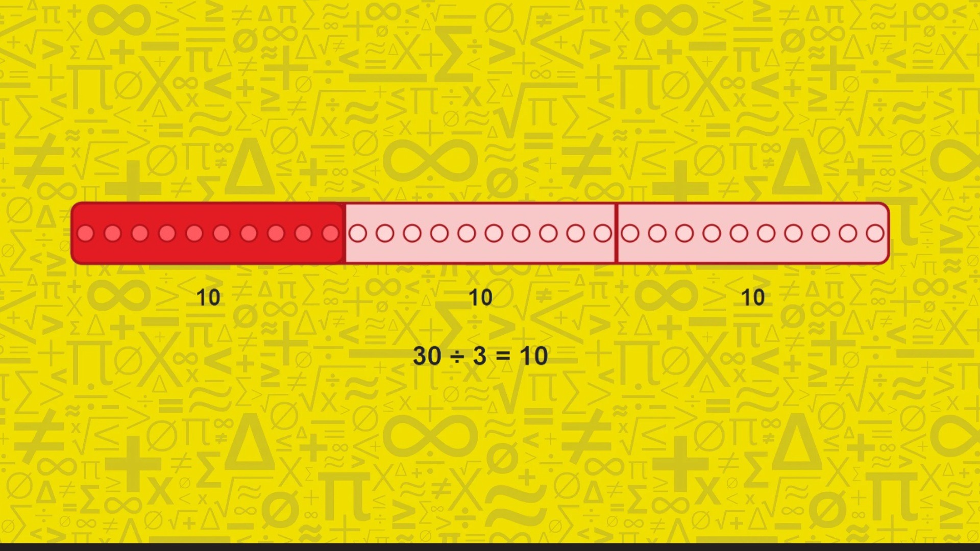 A vibrant red and yellow number line with numbers and symbols, visually explaining the division of a wall into equal parts.