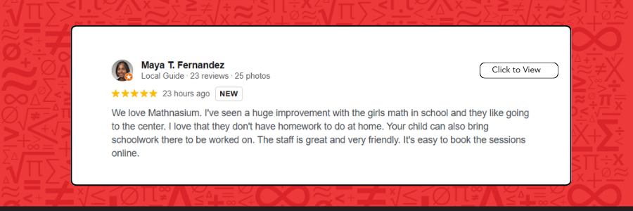 A five-star review from a parent about Mathnasium of Castle Hills. 