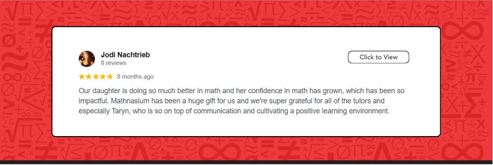A positive review from a parent about Mathnasium of Parker.