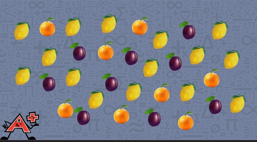 Lemons, oranges, and plums randomly placed for a tally marks practice question 2