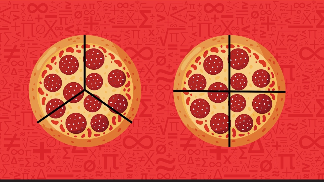 Pizza cut into thirds and fourths.
