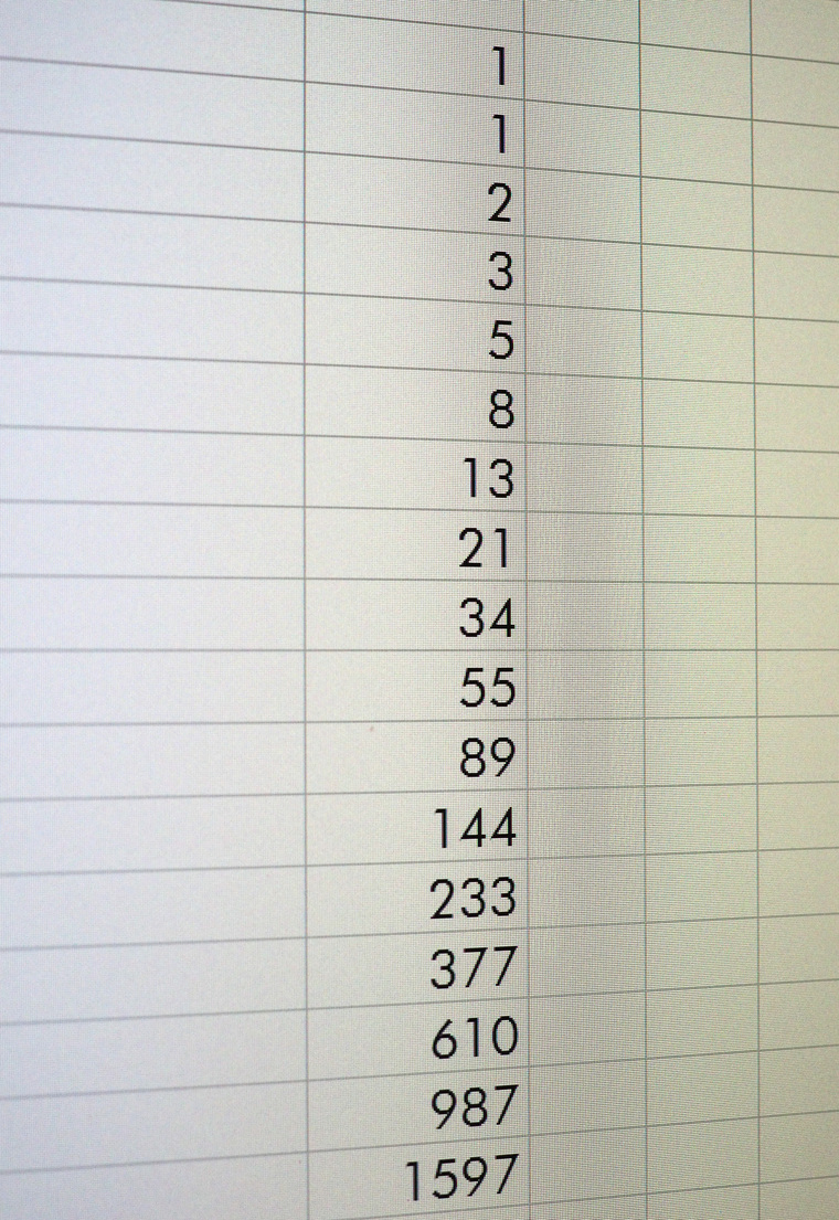 Spreadsheet showing the Fibonacci sequence, a mathematical pattern where each number is the sum of the two before it