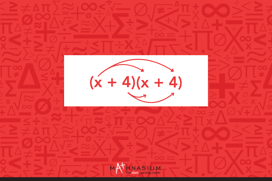 Illustration demonstrating the multiplication of terms in two binomials against a red background with math symbols.