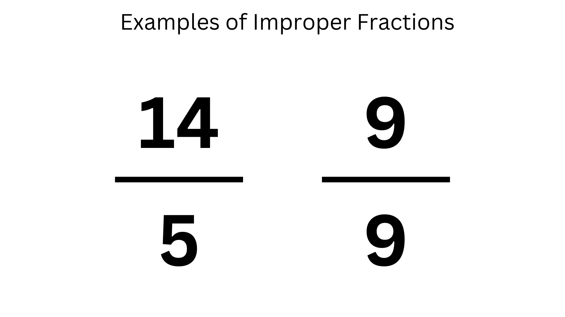 Examples of improper fractions: 14/5 and 9/9