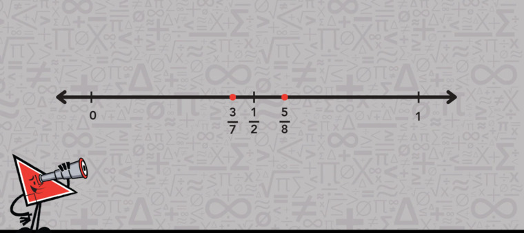 A cartoon character indicates a number line with the fractions 3/7 and 5/8 marked for clarity in their positions.