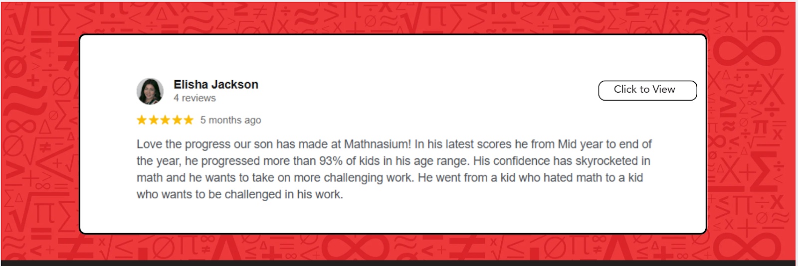 A positive review from a parent on Mathnasium of Castle Hills