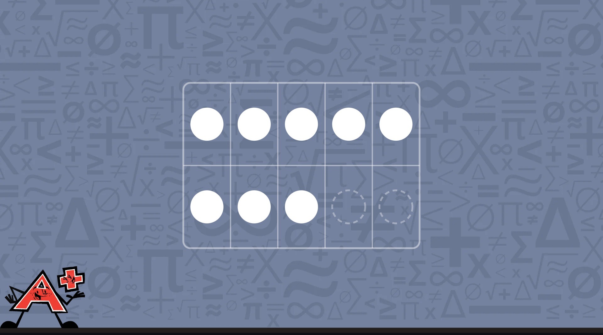 A ten-frame showing 8 filled spaces and 2 empty spaces, illustrating a math concept for counting and number recognition.