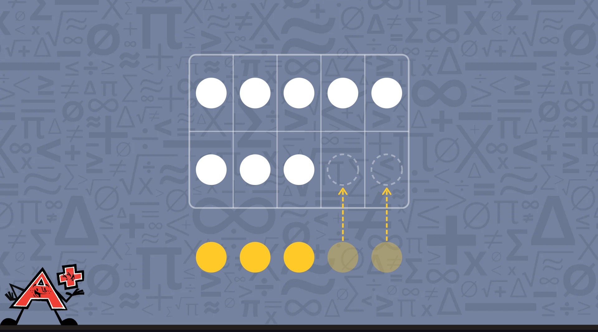 A math game displaying numbers and symbols, illustrating the equation: 8 plus 2 equals 10, using 5 as a source.