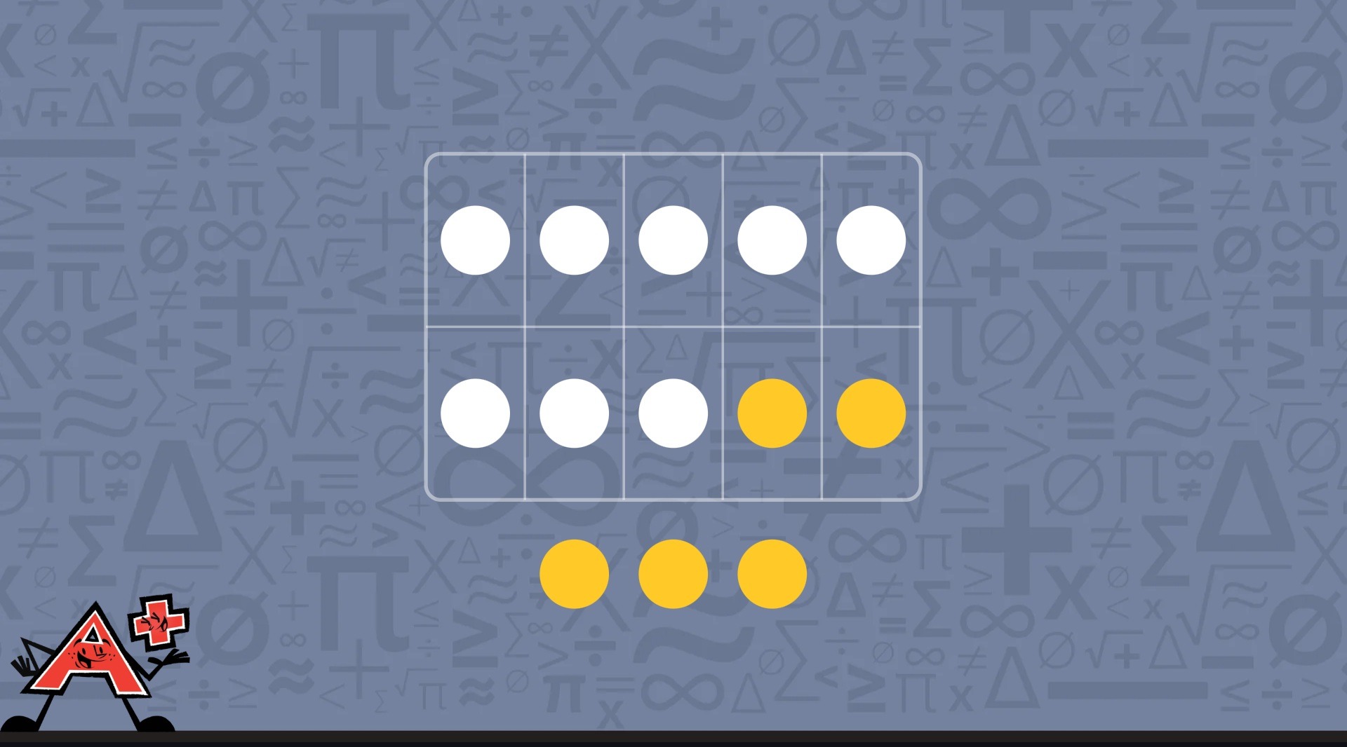 A ten-frame filled with two counters in empty spaces, demonstrating the concept of making ten in a math game.