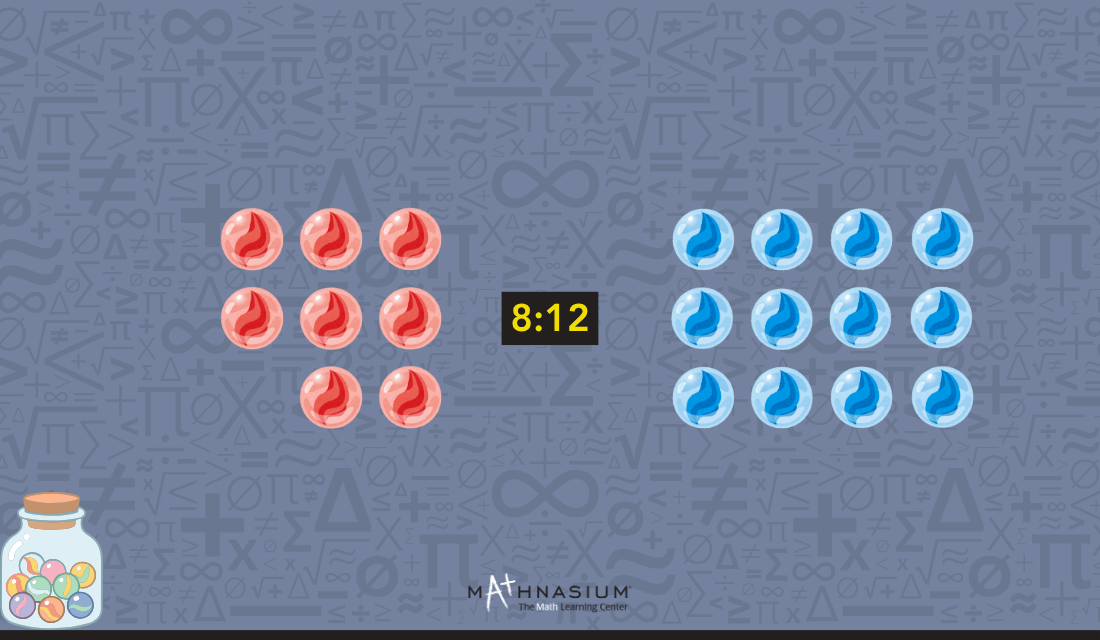 Visual representation with 8 red marbles and 12 blue marbles, showing a ratio of 8:12.