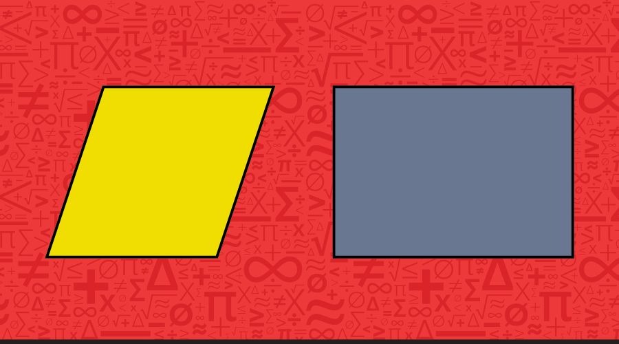 A yellow parallelogram is on the left and a gray rectangle is on the right, set against a red background patterned with mathematical symbols.