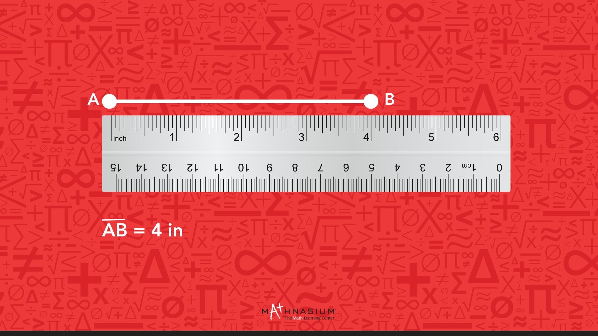 An image showing a line segment labeled AB measured against an inch and centimeter ruler, with the text stating AB equals 4 inches.