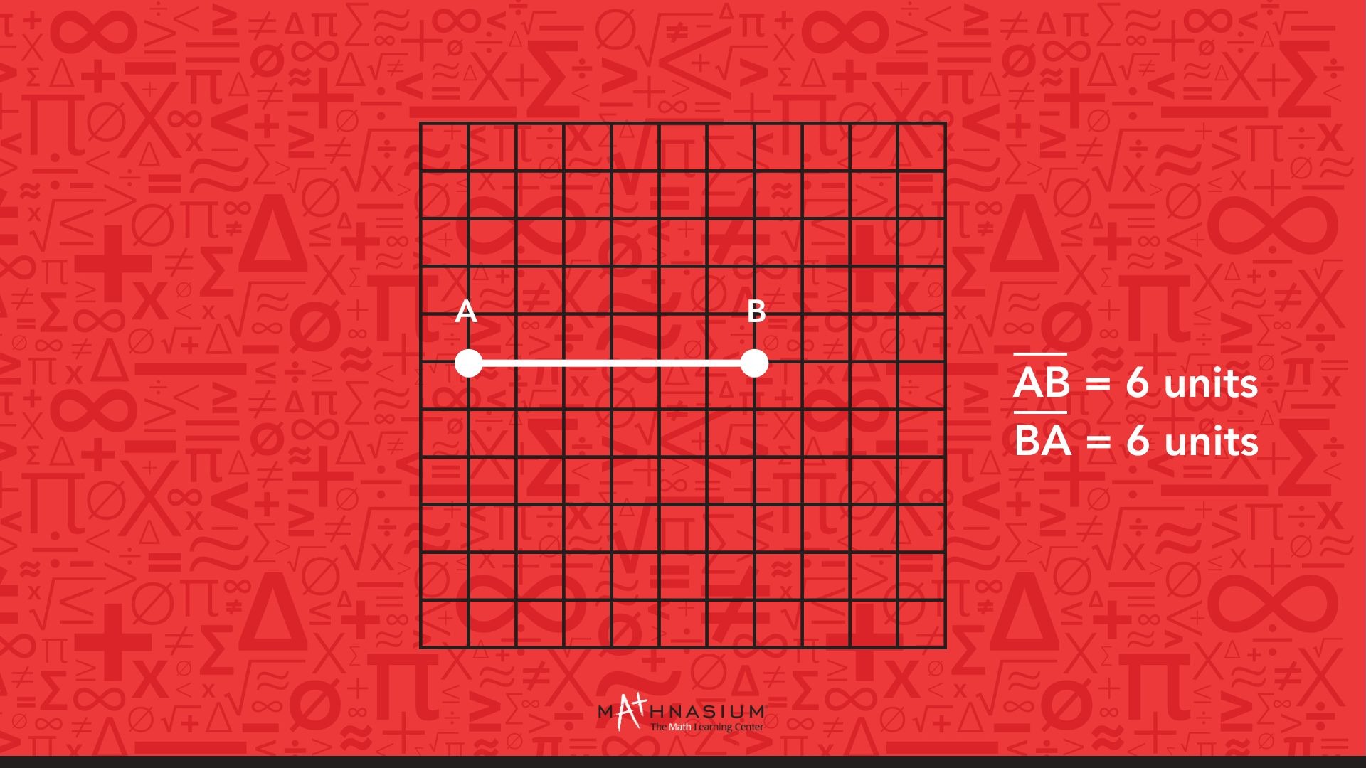 An educational grid showing a horizontal white line segment on a red background with math symbols.
