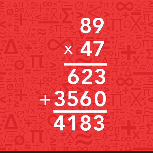 Red background featuring various numbers and symbols arranged in a visually striking pattern.