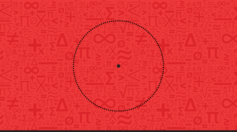 A vector illustration of a circle with a clearly marked central point, surrounded by mathematical symbols.
