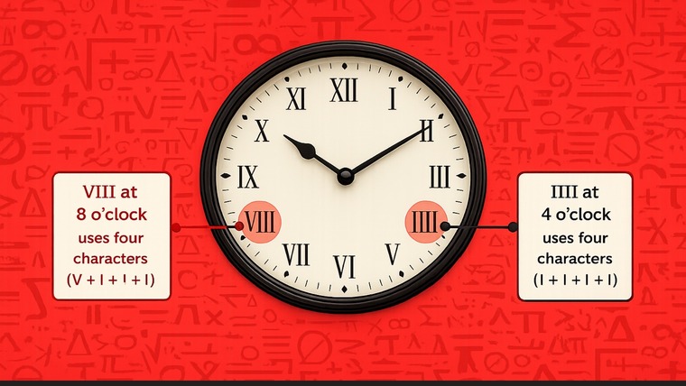 A clock face displaying Roman numerals, highlighting the positions of 4 and 8 prominently.