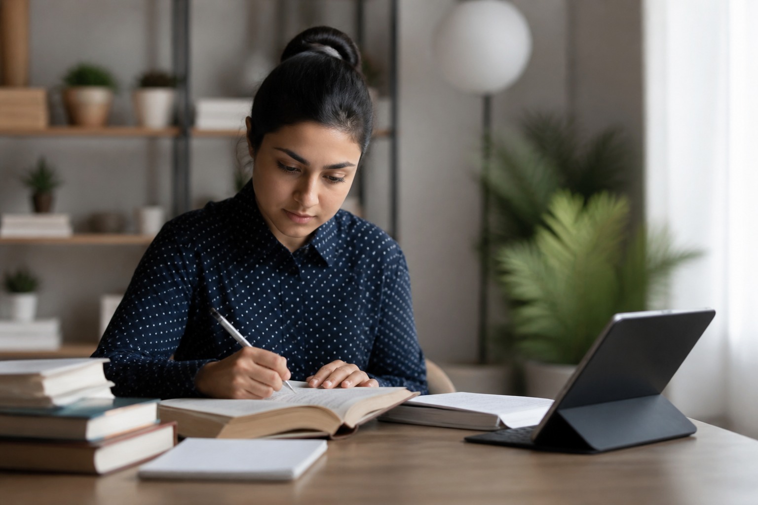 A student studying with traditional books, contrasting with digital learning.