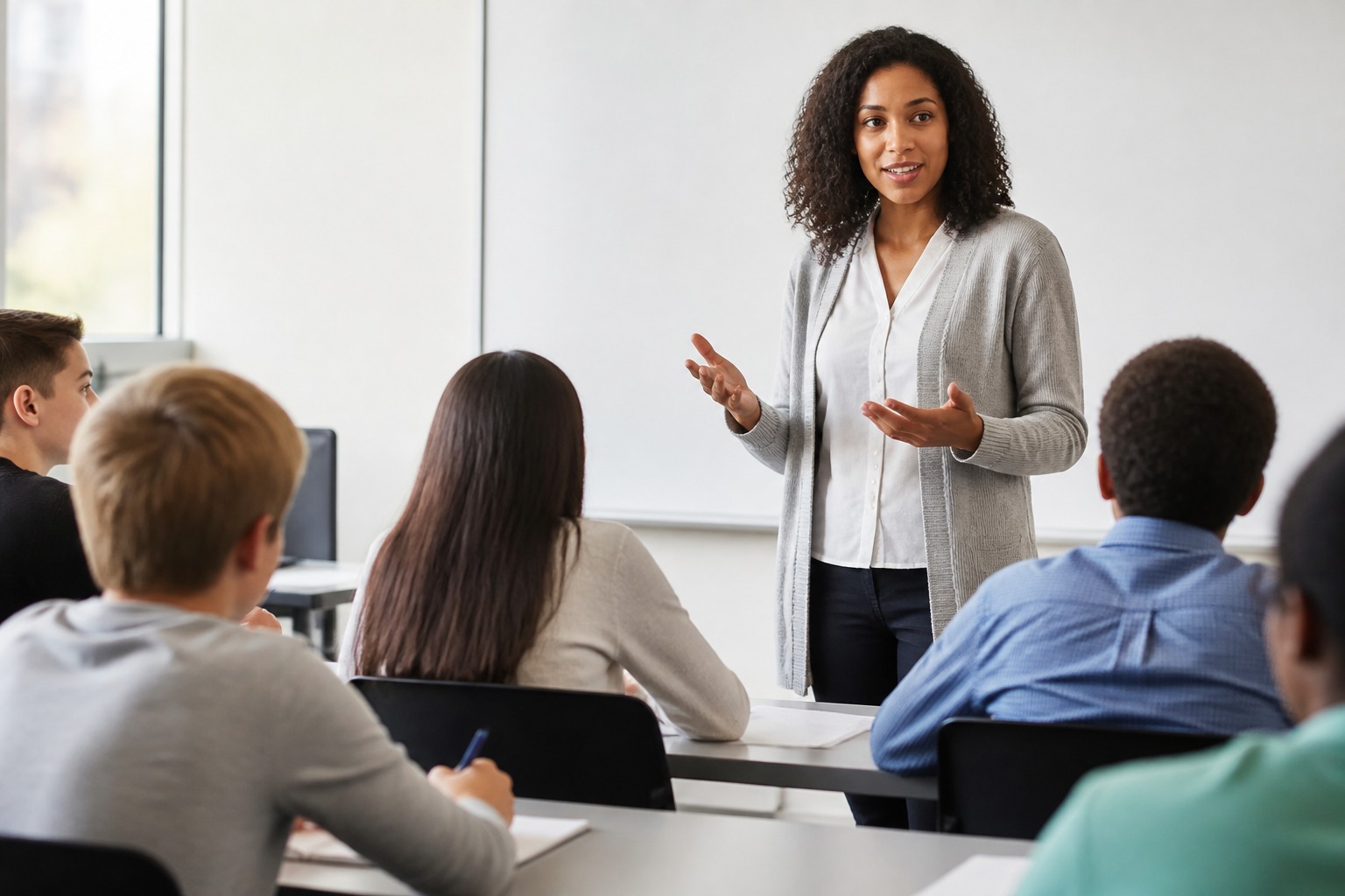 A teacher engaging students in a classroom setting, emphasizing direct instruction.