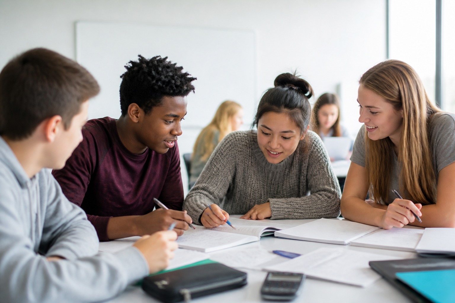 A diverse group of students engaged in learning math in a bright, modern classroom setting.