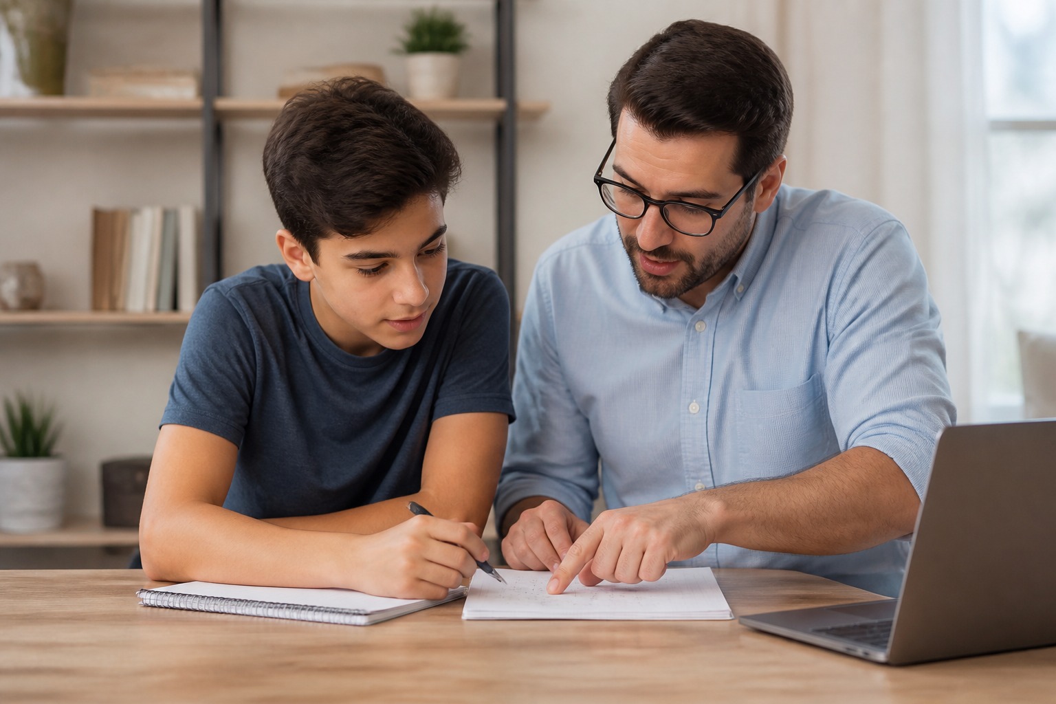 A student working with a private math tutor on a challenging problem.