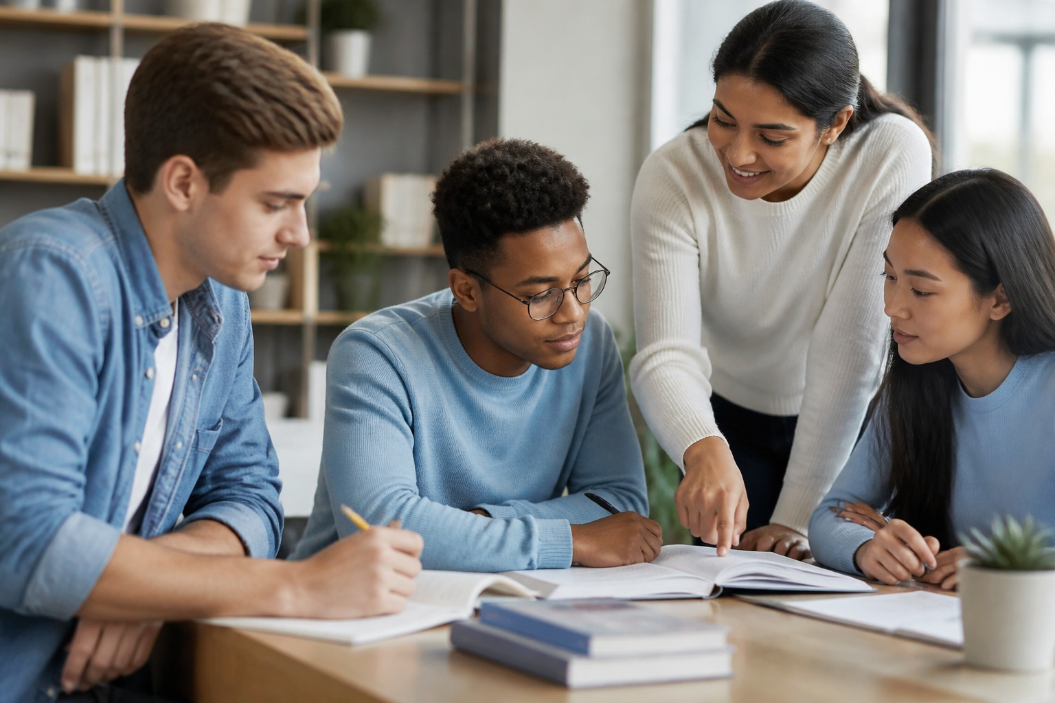 A diverse group of students engaged in learning during a tutoring session