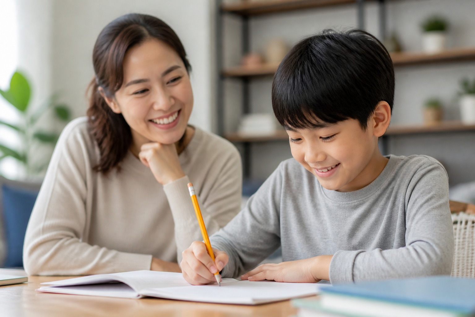 Parent looking relieved as their child confidently solves a math problem