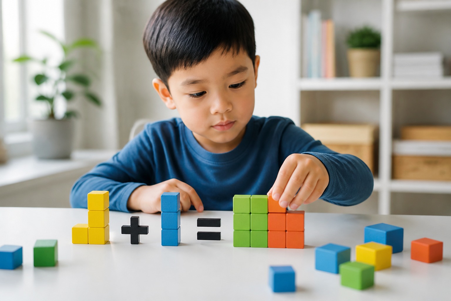 A child solving math problems with building blocks, representing hands-on learning