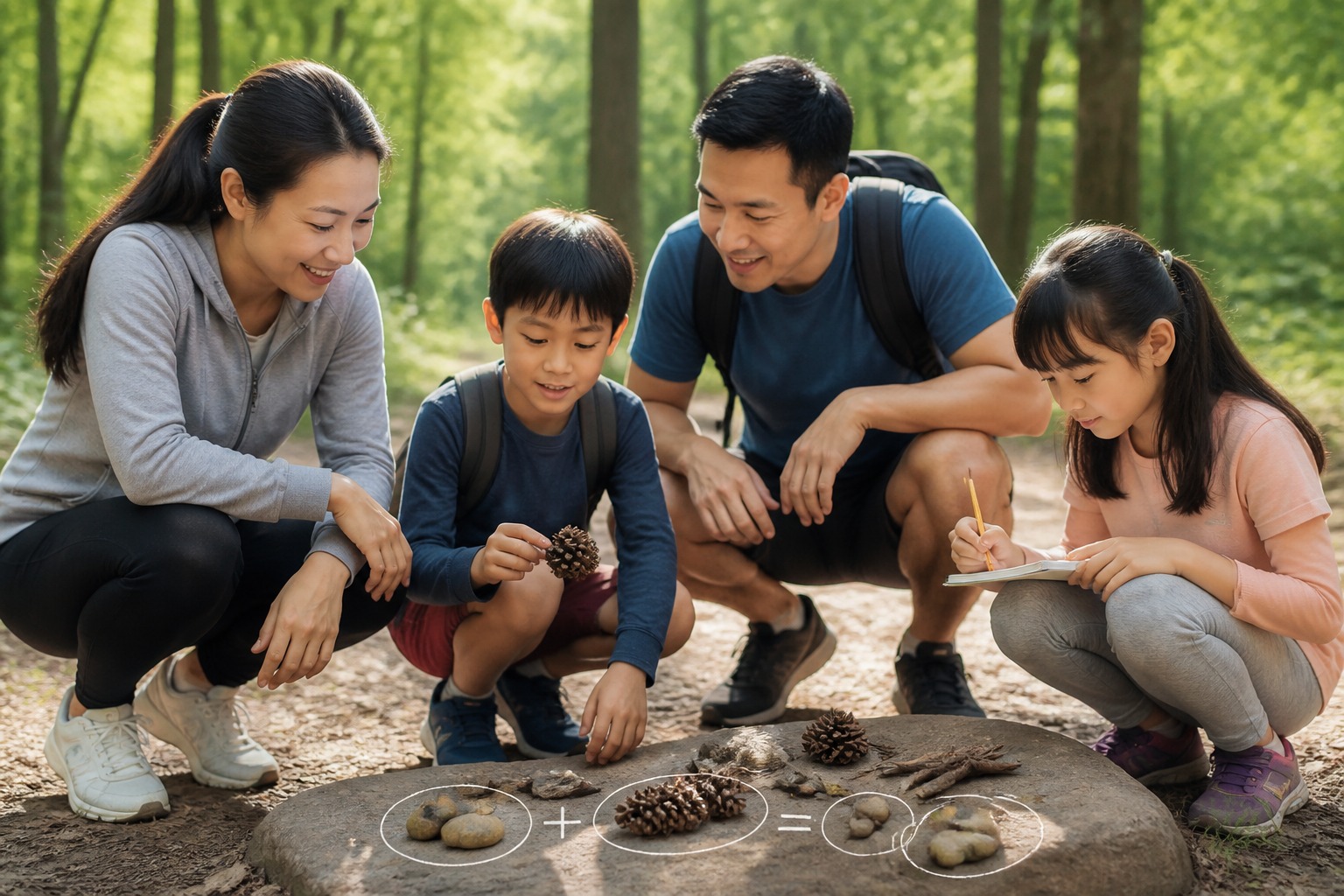 A family enjoying outdoor activities while subtly incorporating math concepts