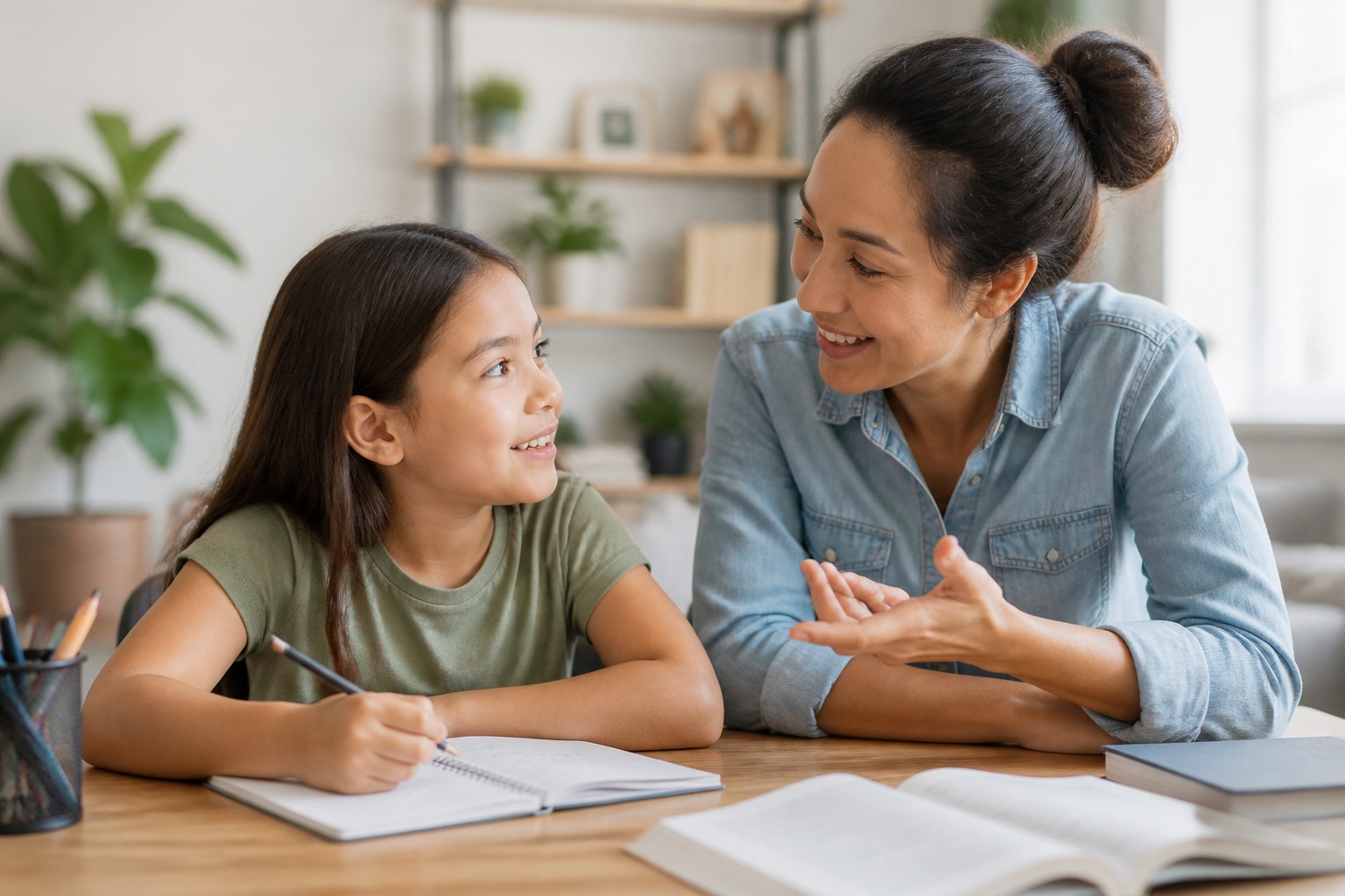 A parent and child discussing schoolwork, highlighting effective math learning strategies