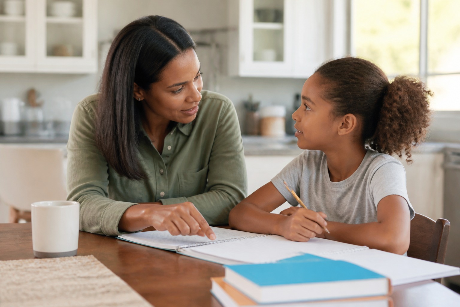 Parent and child discussing schoolwork at a kitchen table.