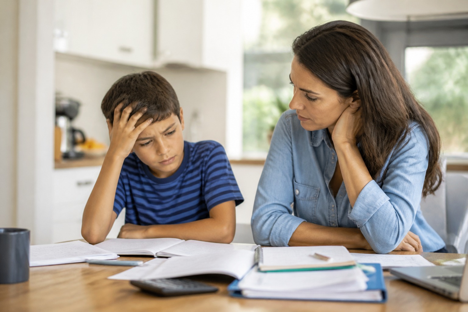 A parent and child discussing school work at a kitchen table, looking concerned.
