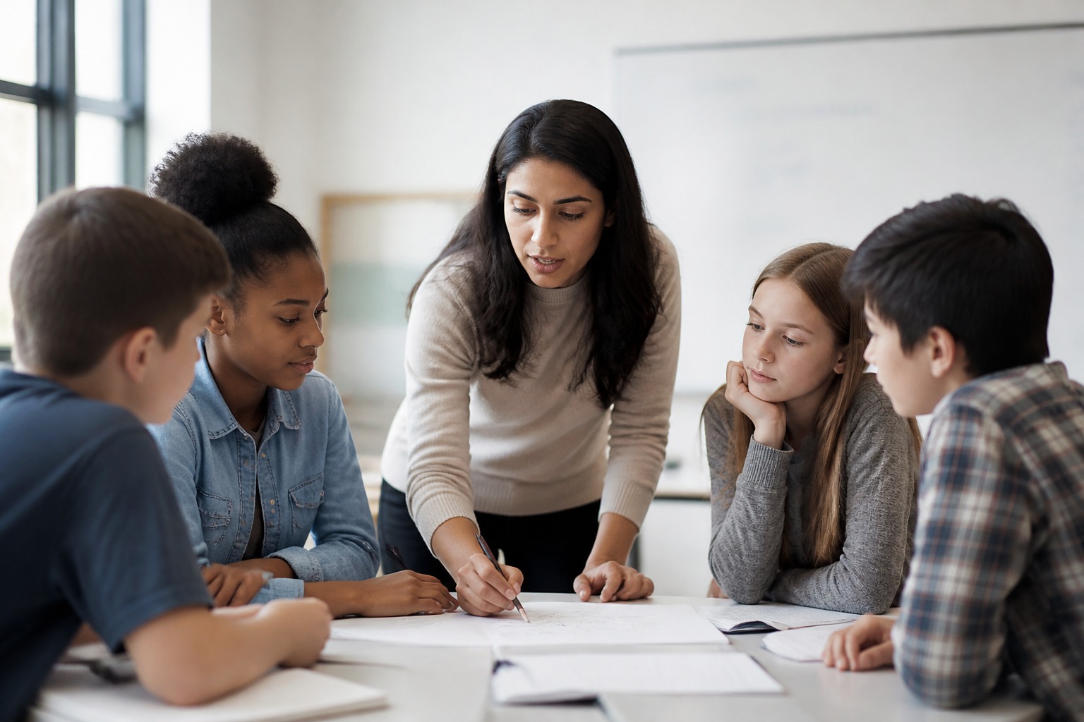 A teacher explaining a math concept to a small group of students in a classroom.