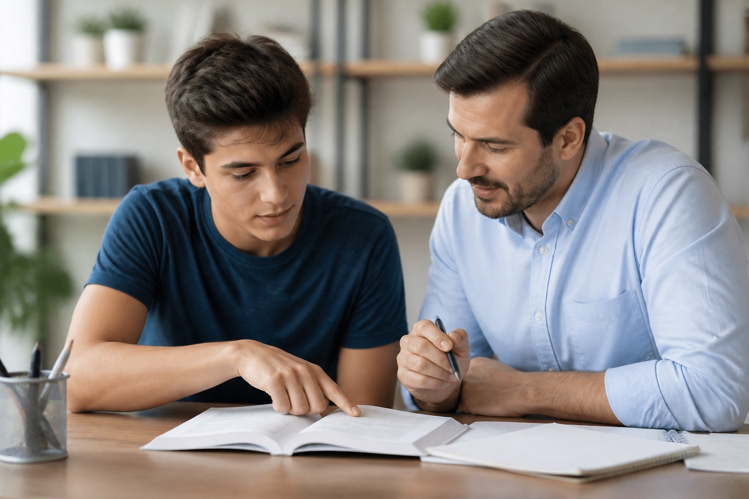 A student working diligently with a math tutor, pointing at a textbook.