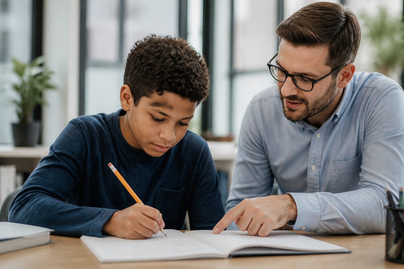 Middle school student working on math equations with an instructor in South Charlotte