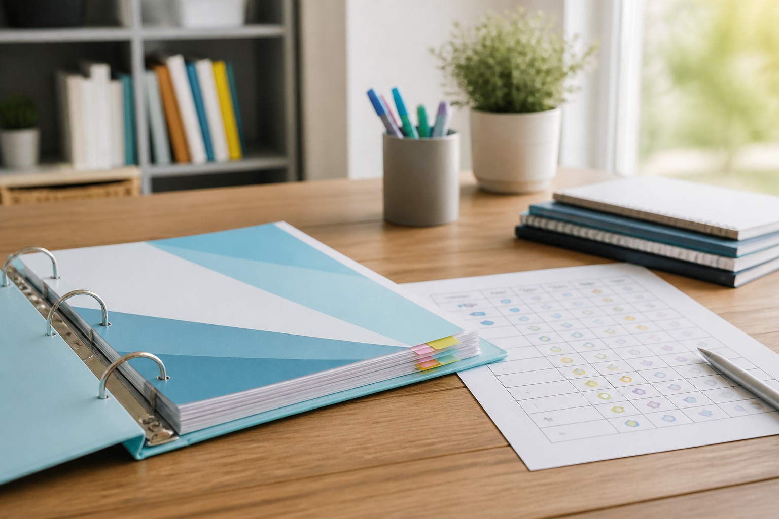 Personalized math curriculum binder and progress check chart on a study table