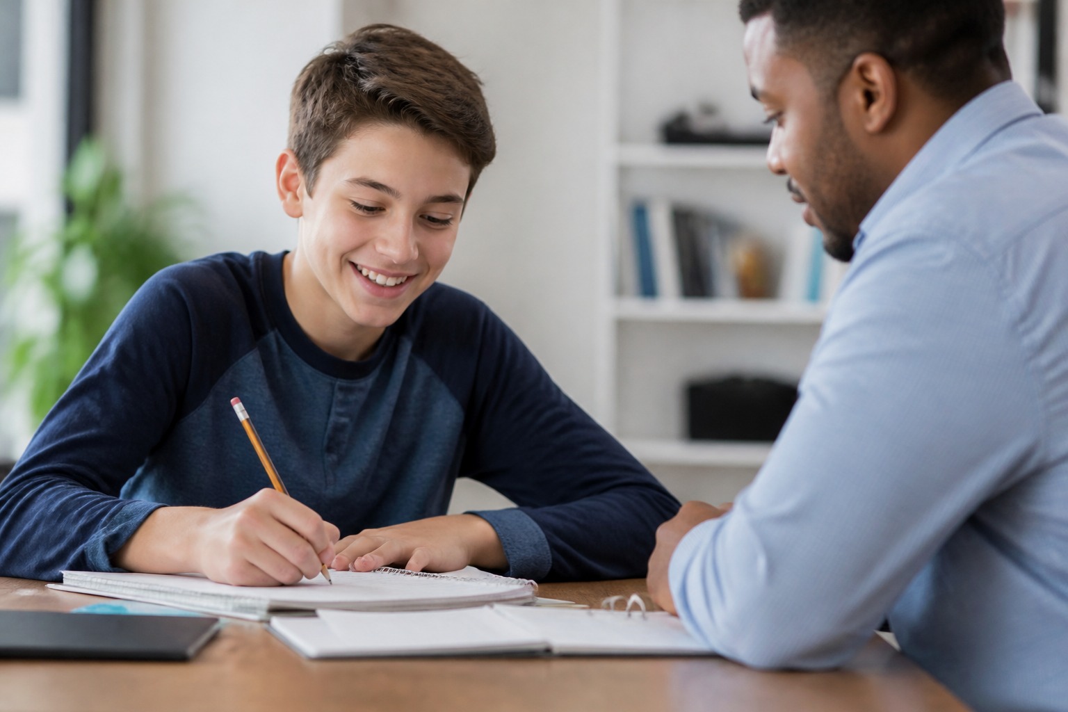 Middle school student smiling while solving algebra equations during math tutoring