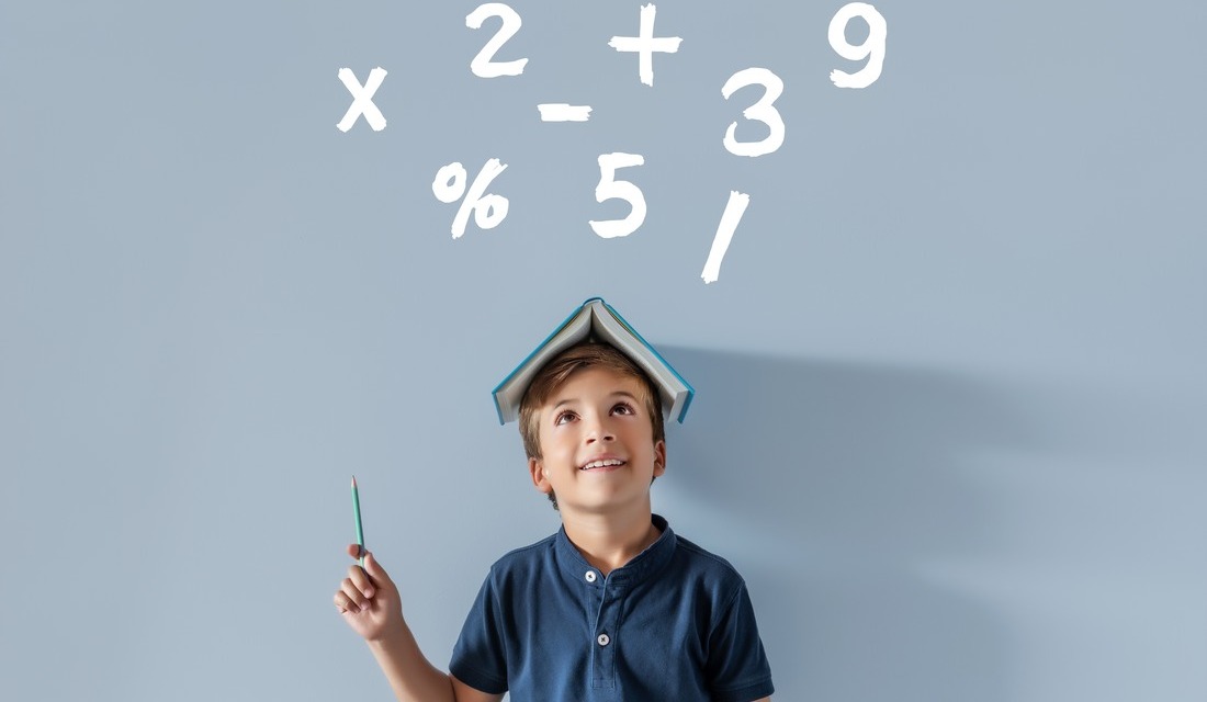 A boy with a book on his head thinking about negative exponent