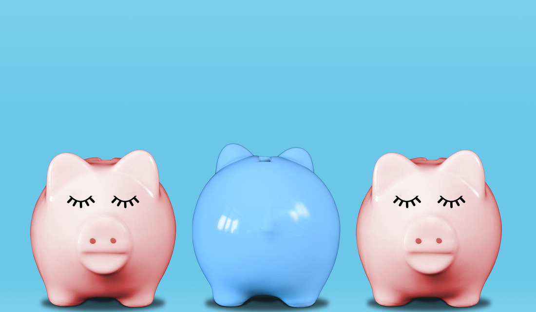 Two pink piggy banks forward, one blue backward—odd and even concept