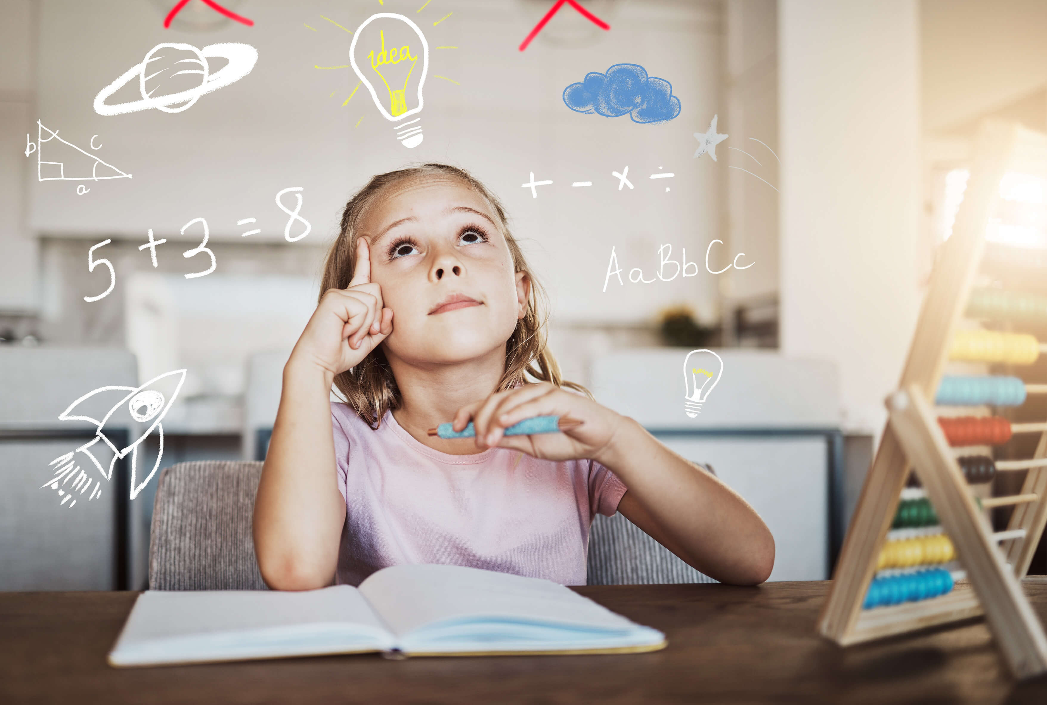 A girl thinking, math animations in the background
