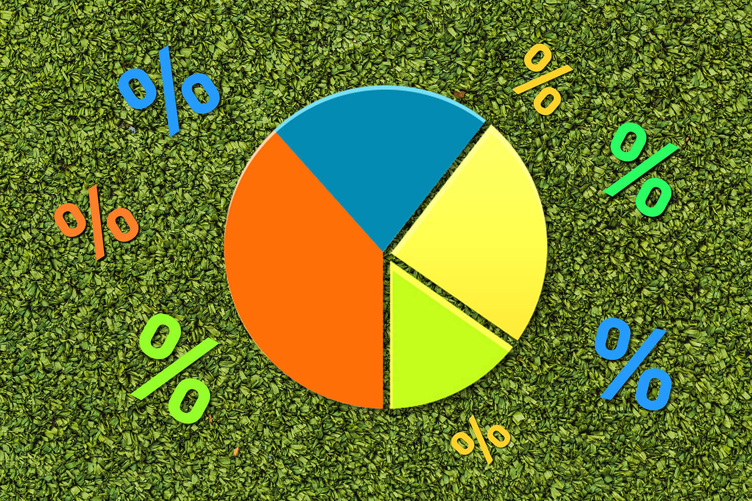 Pie chart illustration on grass background.