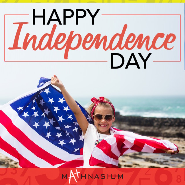 Square banner declaring Happy Independence Day over a photo of a girl in sunglasses on the beach holding the USA flag like a cape.