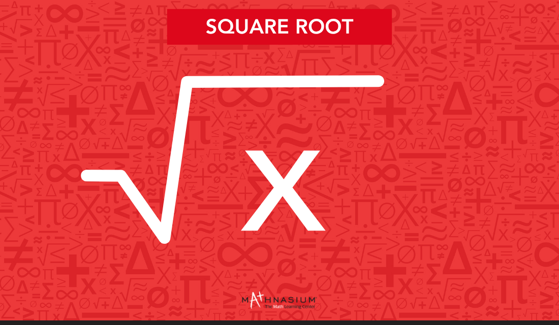 Square root symbol displayed prominently on a vibrant red background in a vector graphic style.