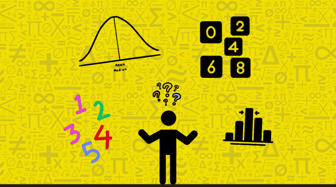 A man stands before a yellow background adorned with math symbols, illustrating the concepts of mean and median.