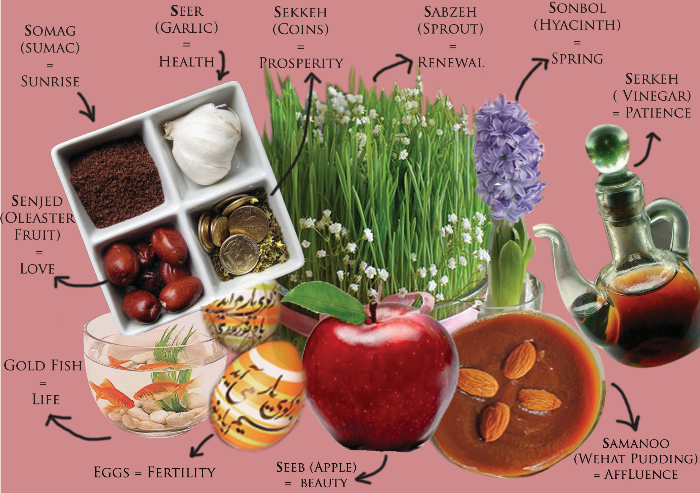 A labeled illustration of a traditional Persian Haft-Seen table for Nowruz, showing symbolic items and their meanings. The image includes sumac (sunrise), garlic (health), coins (prosperity), sprouted greens (renewal), hyacinth (spring), vinegar (patience), oleaster fruit (love), an apple (beauty), wheat pudding (affluence), decorated eggs (fertility), and a goldfish (life), arranged together on a pink background with arrows pointing to each item and its symbolism.
